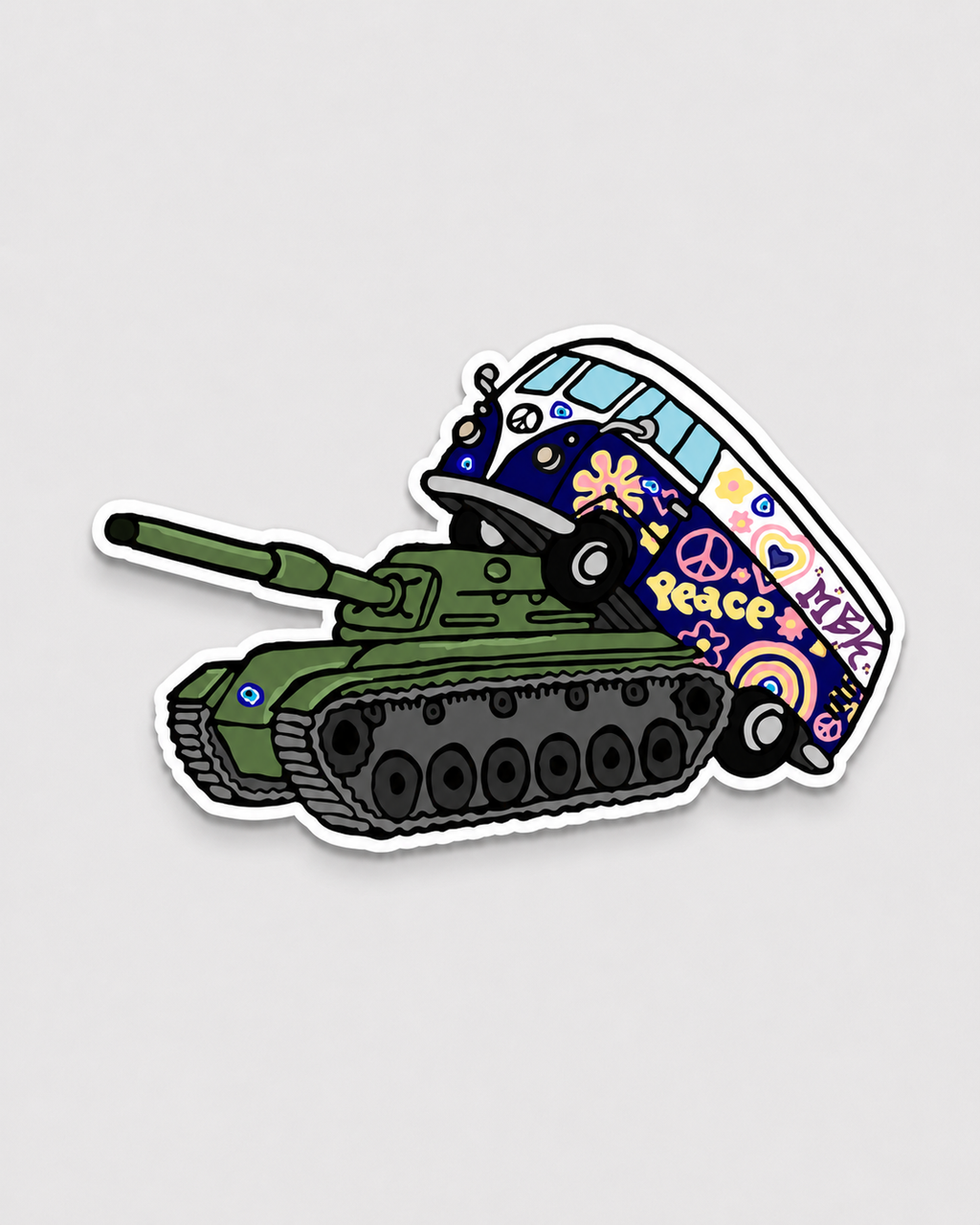 Adesivo de tanque de guerra com a traseira de Kombi florida no lugar da torre