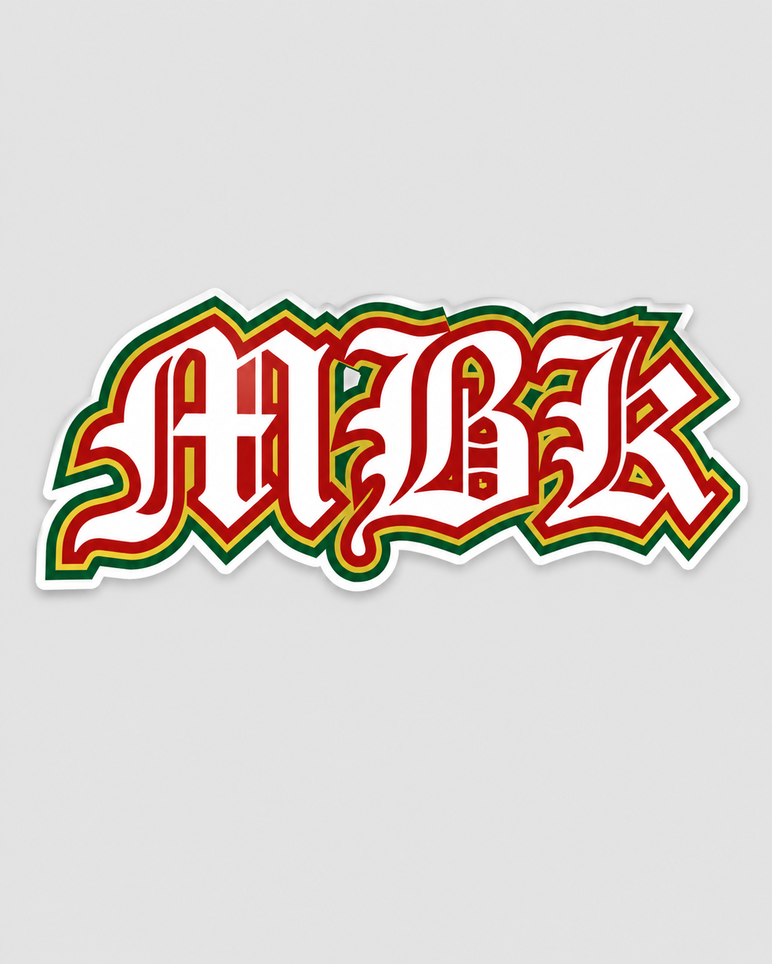 Adesivo do lettering MBK em letra gótica, vermelho com contorno verde e branco