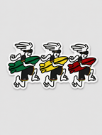Adesivo com três personagens correndo com pranchas de surf, nas cores verde, amarelo e vermelho
